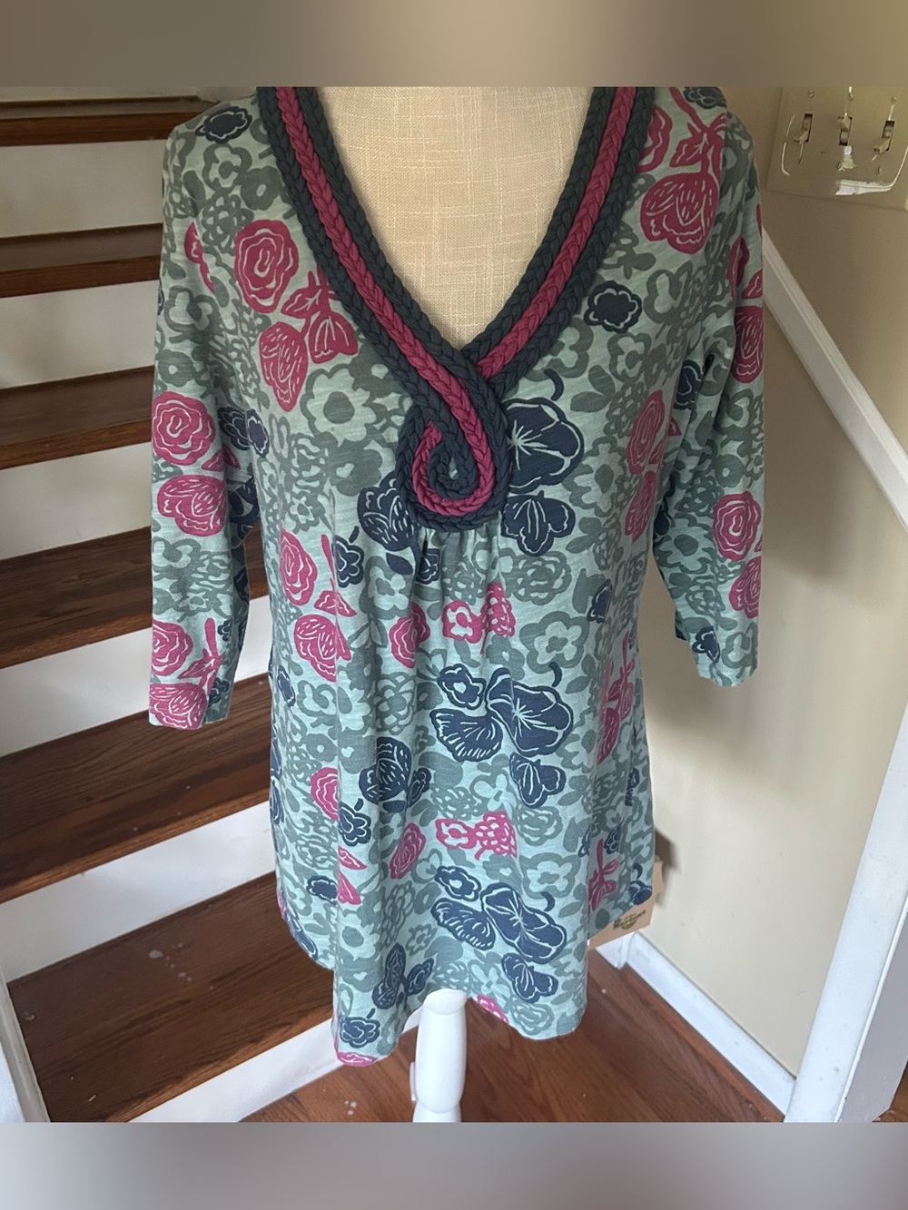 Boden Floral Braided Neck Tunic Shirt Size 12 Multicolor Boho Cottagecore EUC